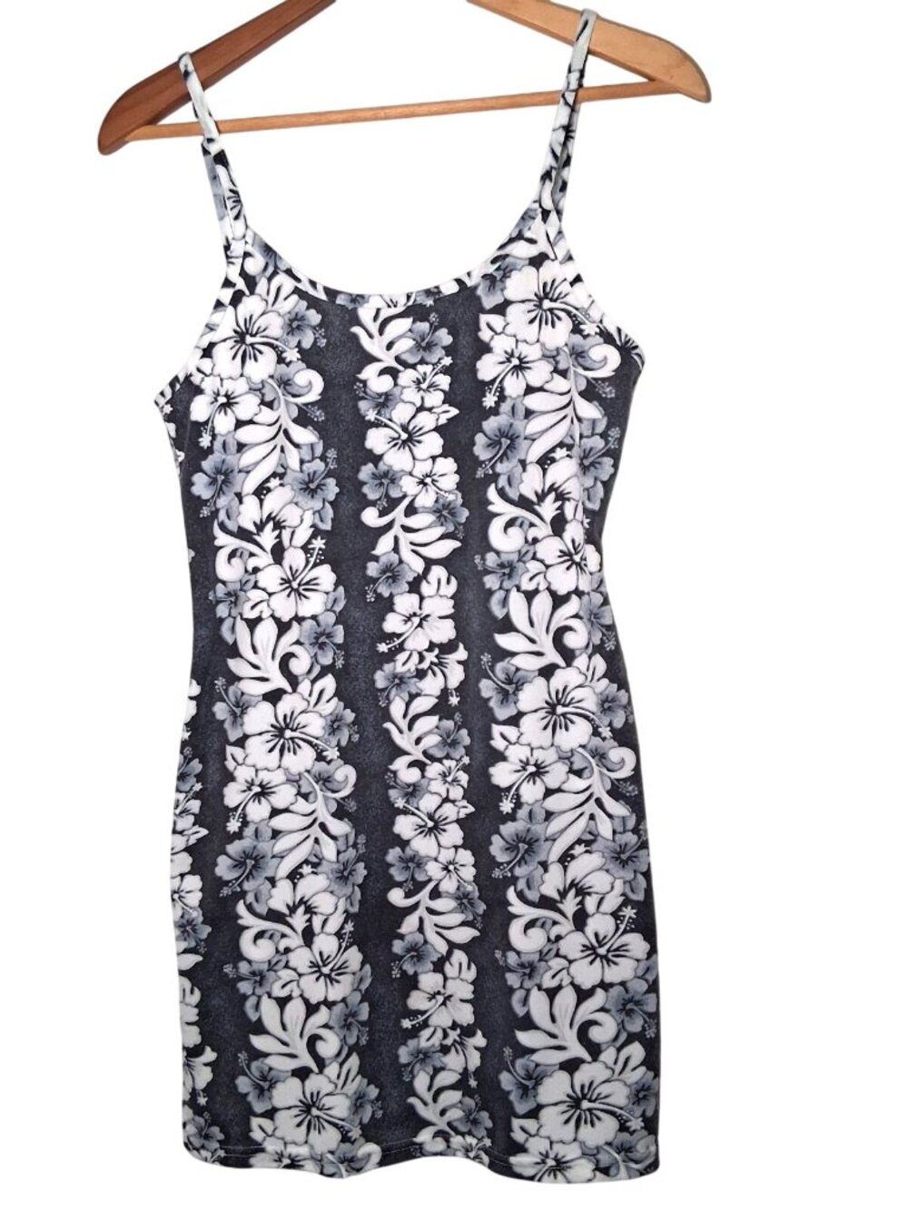 Vintage Y2K Koah Hawaiian Dress Medium Gray Hibiscus Floral Tank Aloha Sundress